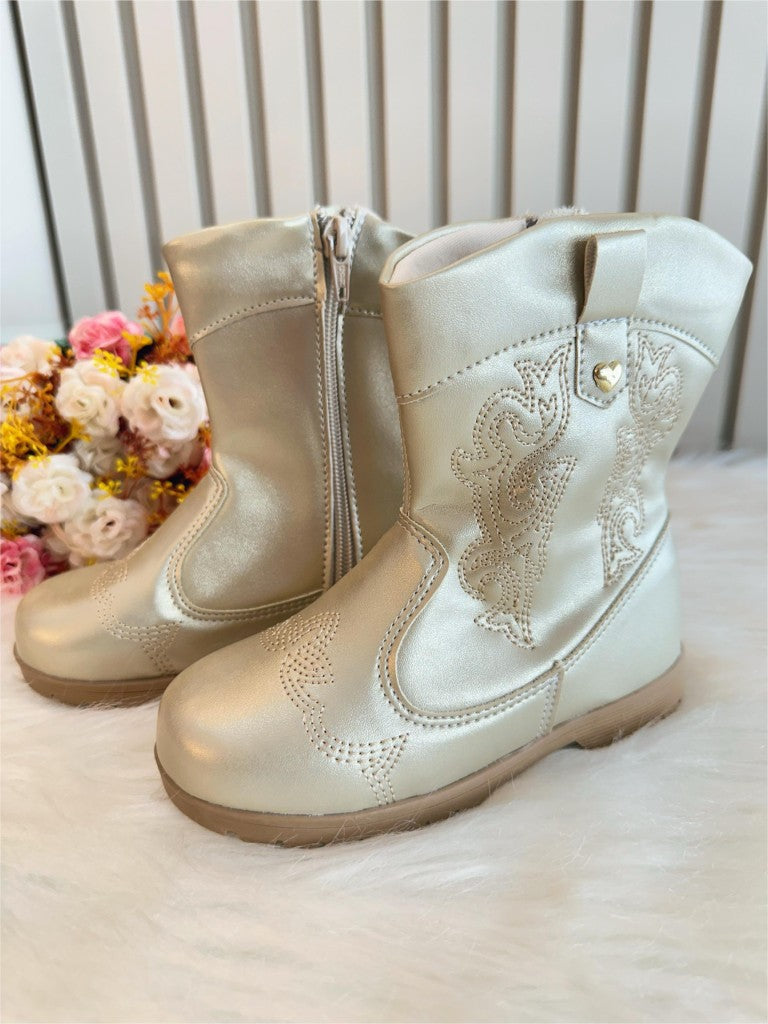 Bota vaquera tejana dorada para niños con cremallera de lujo