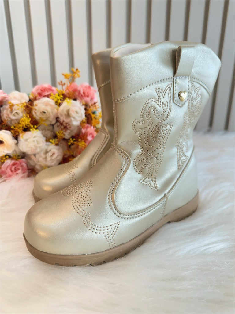 Bota vaquera tejana dorada para niños con cremallera de lujo