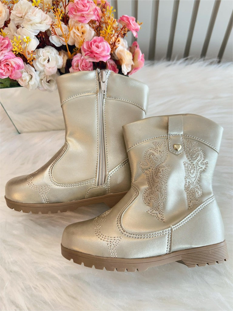 Bota vaquera tejana dorada para niños con cremallera de lujo