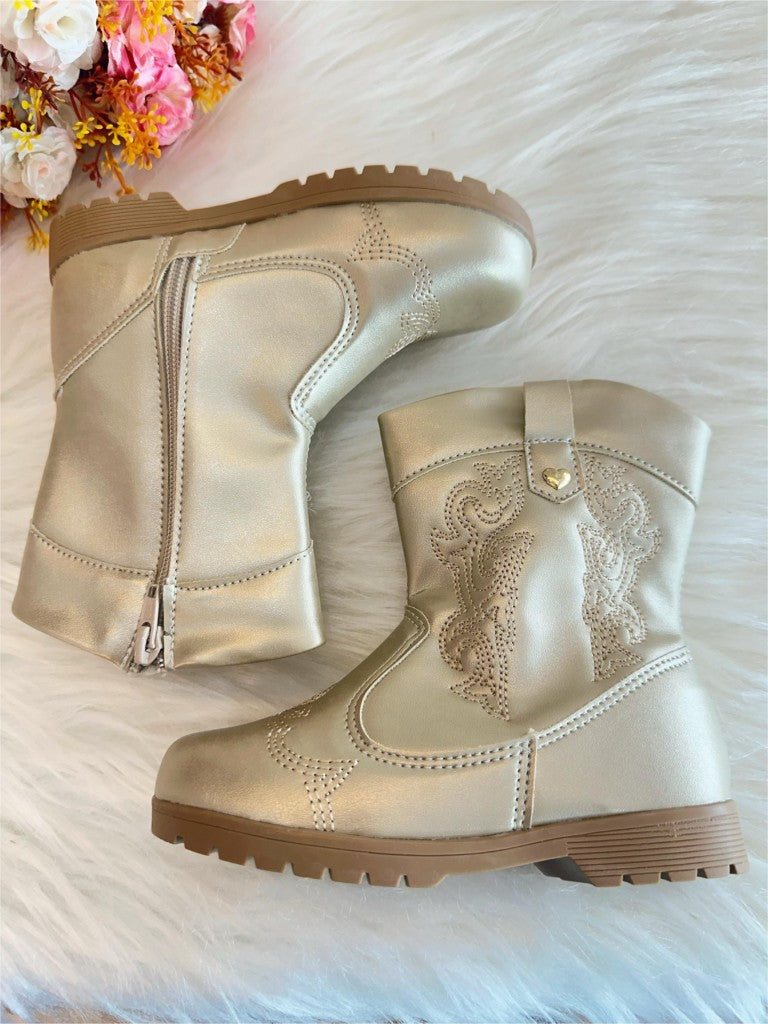 Bota vaquera tejana dorada para niños con cremallera de lujo