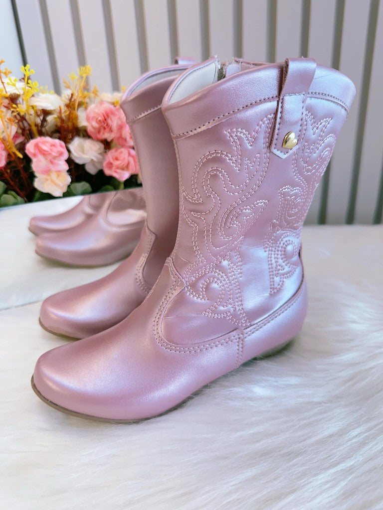 Bota infantil Boiadeira Texana Rosa Metalizada con Cremallera y Tacón 