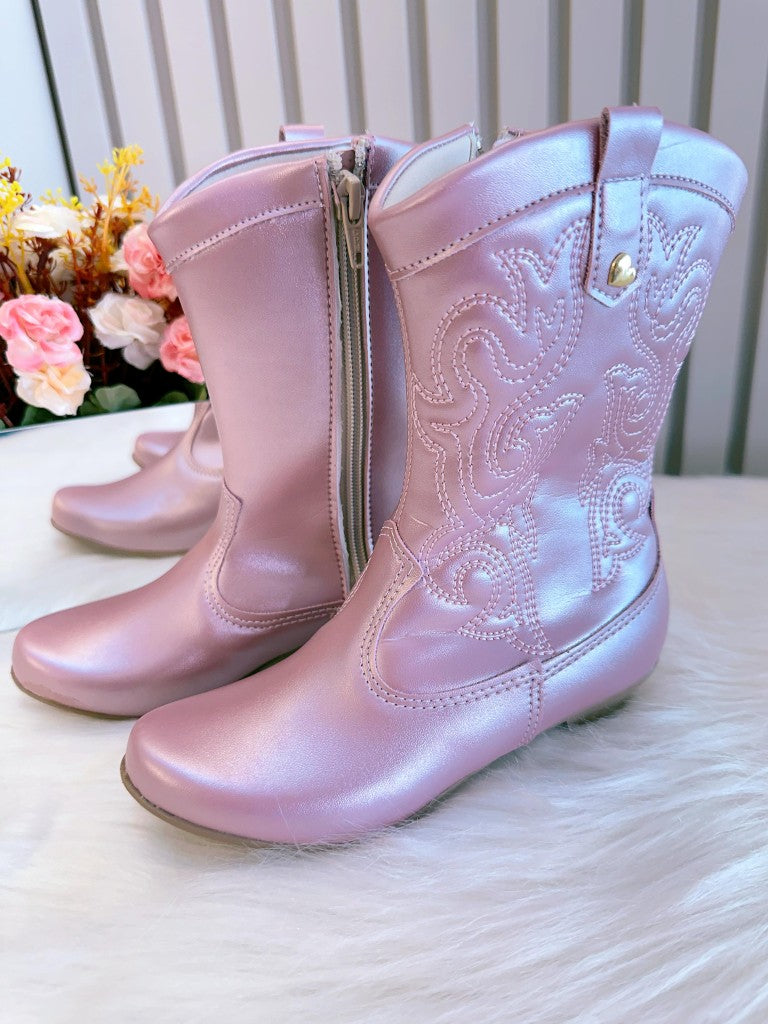 Bota infantil Boiadeira Texana Rosa Metalizada con Cremallera y Tacón 
