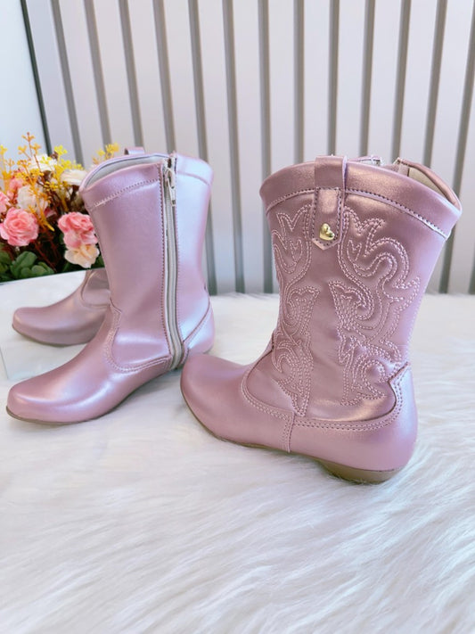 Bota infantil Boiadeira Texana Rosa Metalizada con Cremallera y Tacón 