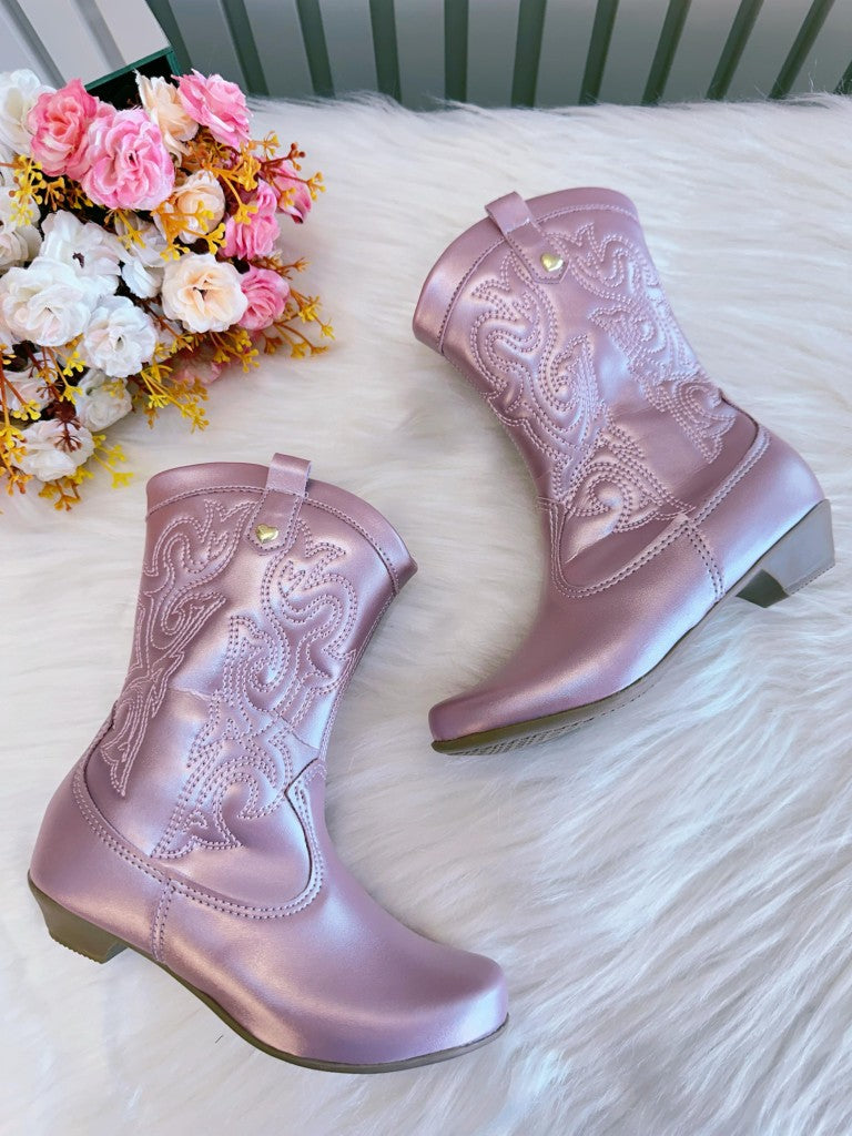Bota infantil Boiadeira Texana Rosa Metalizada con Cremallera y Tacón 