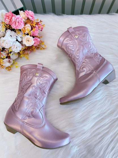 Bota infantil Boiadeira Texana Rosa Metalizada con Cremallera y Tacón 