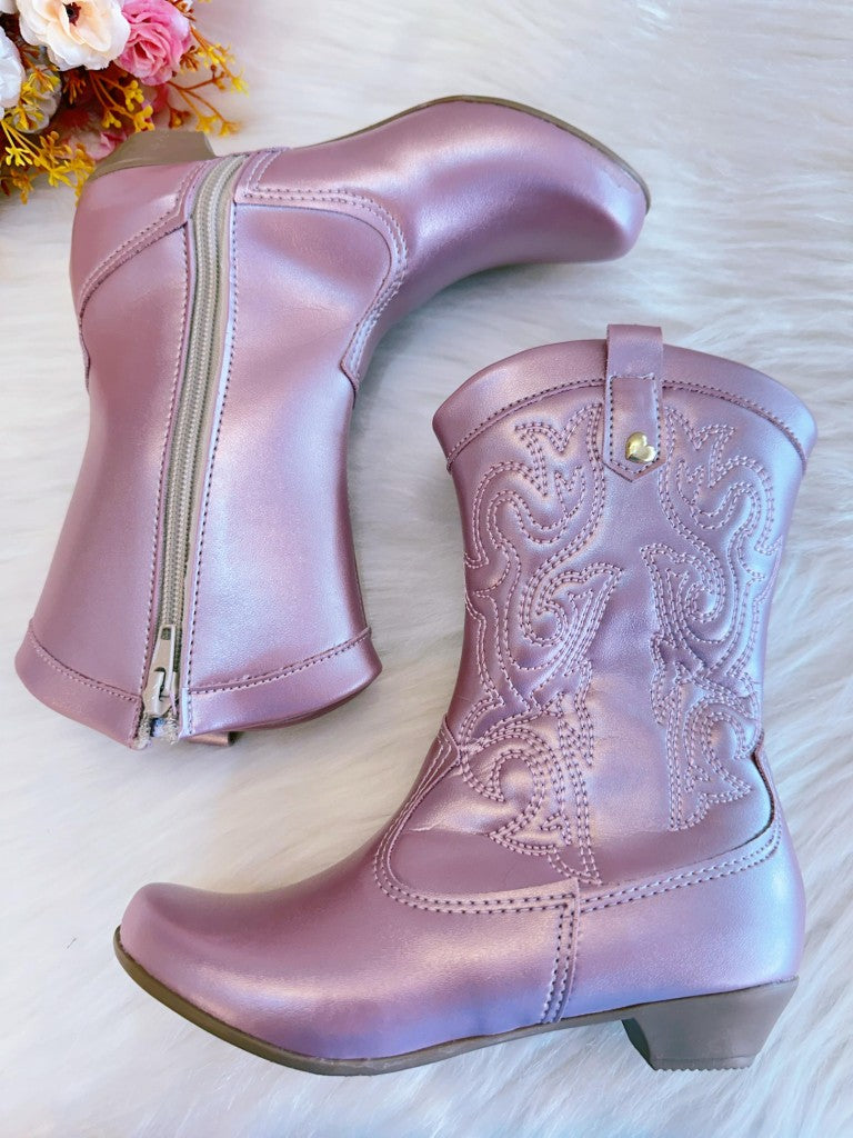 Bota infantil Boiadeira Texana Rosa Metalizada con Cremallera y Tacón 