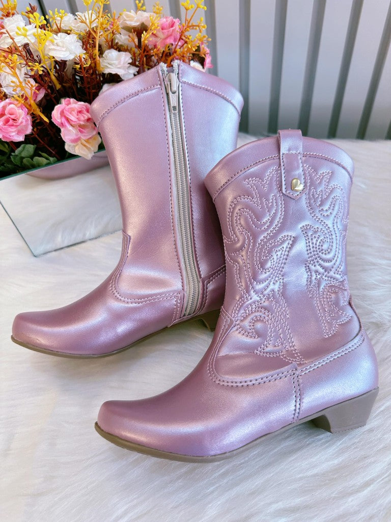 Bota infantil Boiadeira Texana Rosa Metalizada con Cremallera y Tacón 