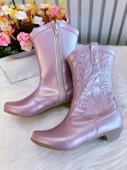 Bota infantil Boiadeira Texana Rosa Metalizada con Cremallera y Tacón 