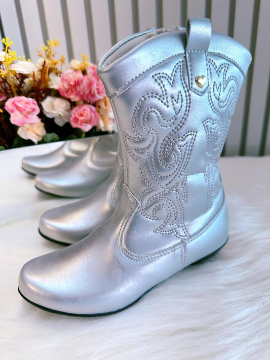 Botas vaqueras plateadas para niños con cremallera y tacón 