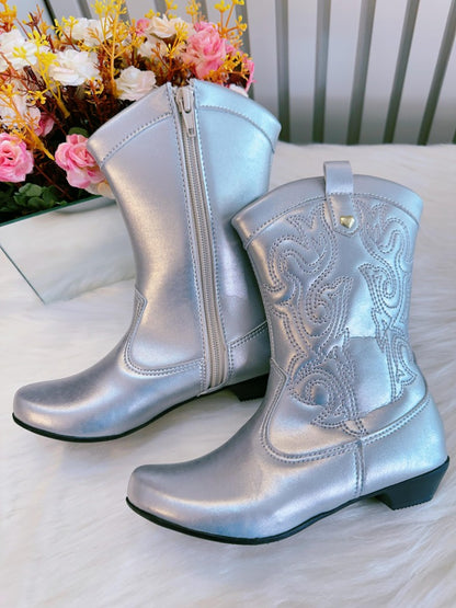 Botas vaqueras plateadas para niños con cremallera y tacón 