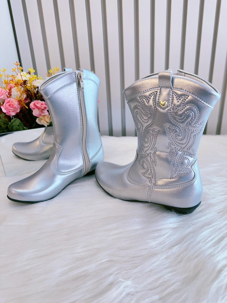 Botas vaqueras plateadas para niños con cremallera y tacón 