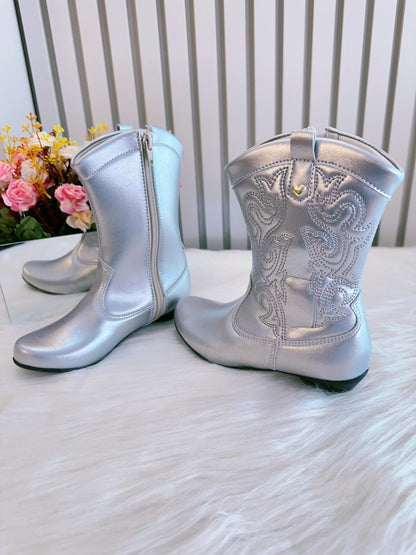 Botas vaqueras plateadas para niños con cremallera y tacón 