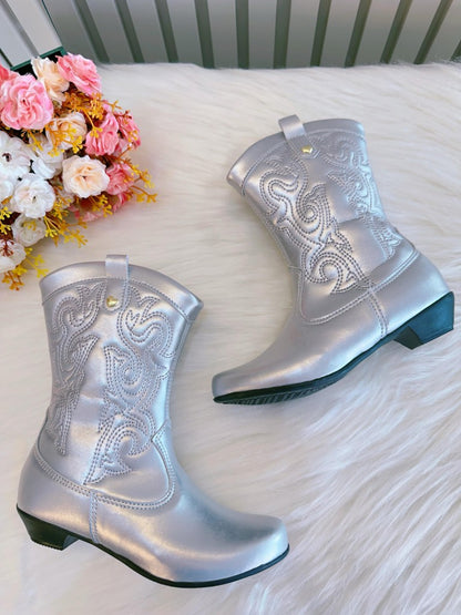 Botas vaqueras plateadas para niños con cremallera y tacón 