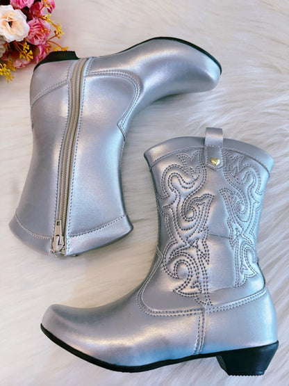 Botas vaqueras plateadas para niños con cremallera y tacón 