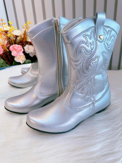 Botas vaqueras plateadas para niños con cremallera y tacón 