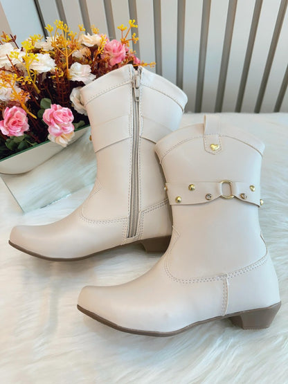 Botas Boiadeira Texanas para Niños en Color Blanco Roto con Tacón y Cremallera