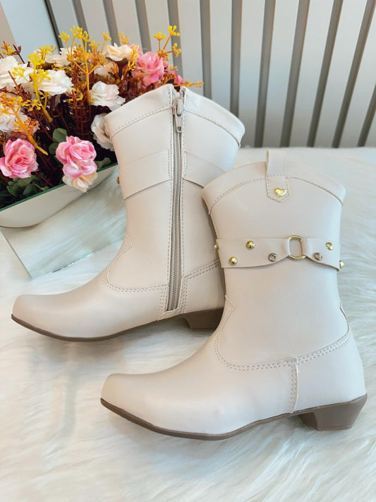 Botas Boiadeira Texanas para Niños en Color Blanco Roto con Tacón y Cremallera