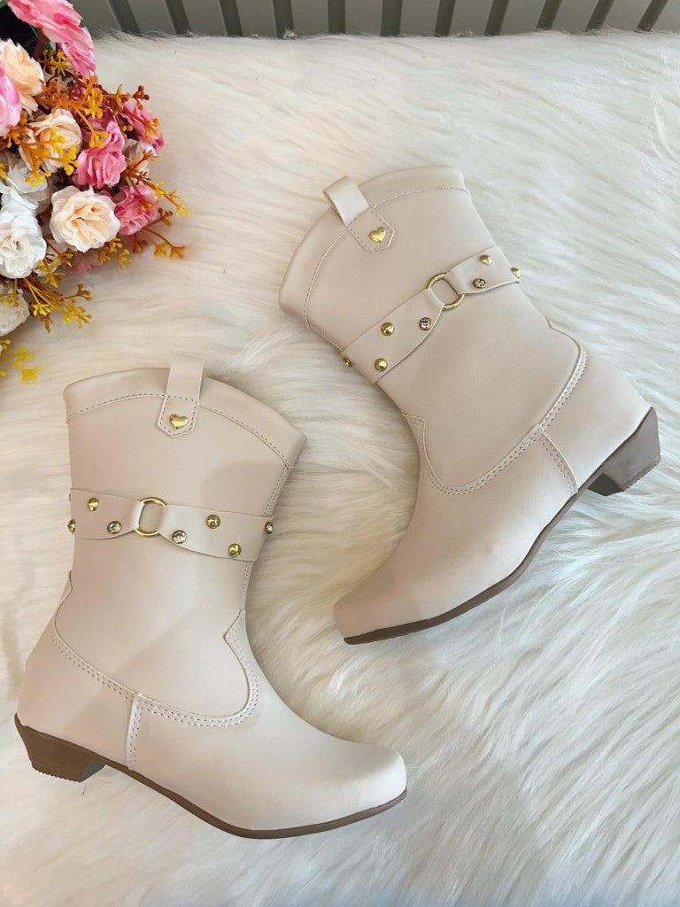 Botas Boiadeira Texanas para Niños en Color Blanco Roto con Tacón y Cremallera