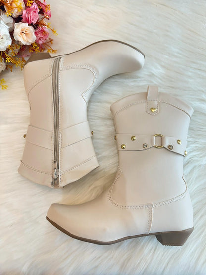 Botas Boiadeira Texanas para Niños en Color Blanco Roto con Tacón y Cremallera