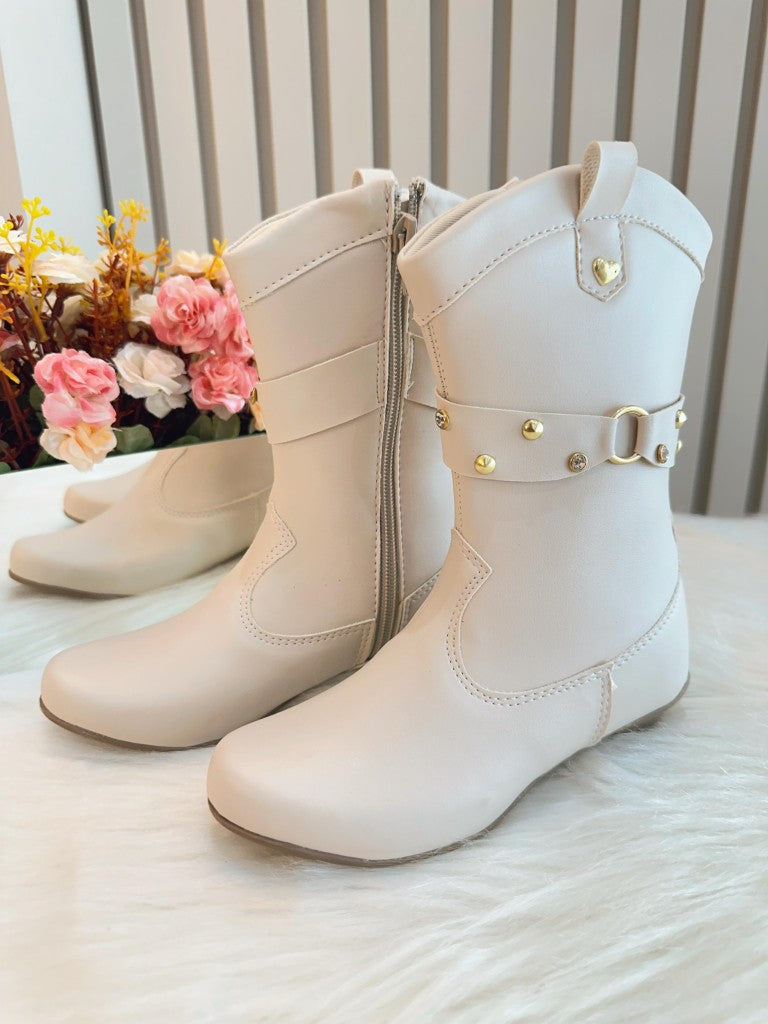 Botas Boiadeira Texanas para Niños en Color Blanco Roto con Tacón y Cremallera