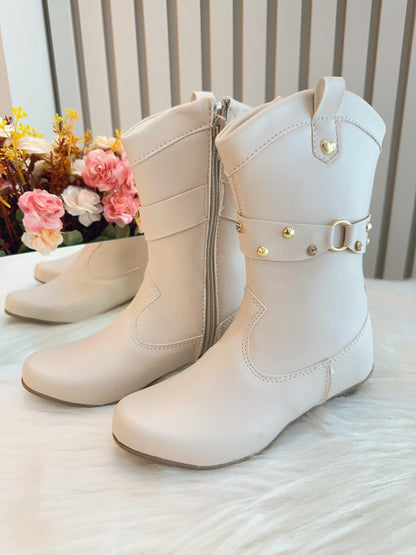 Botas Boiadeira Texanas para Niños en Color Blanco Roto con Tacón y Cremallera