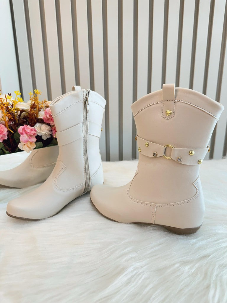 Botas Boiadeira Texanas para Niños en Color Blanco Roto con Tacón y Cremallera