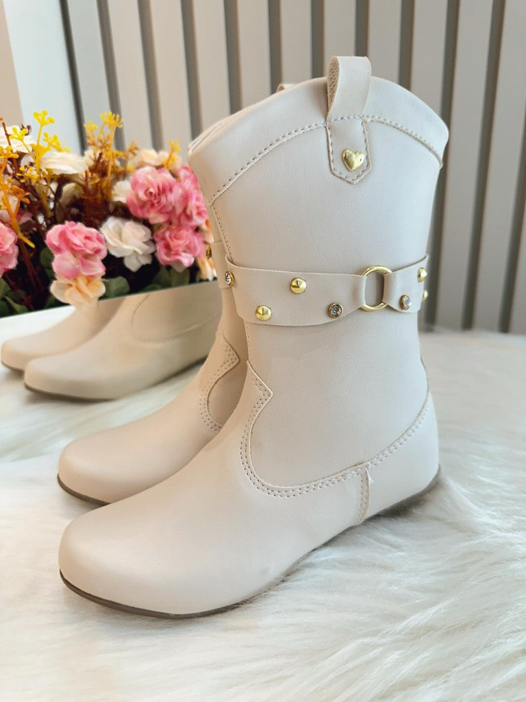 Botas Boiadeira Texanas para Niños en Color Blanco Roto con Tacón y Cremallera