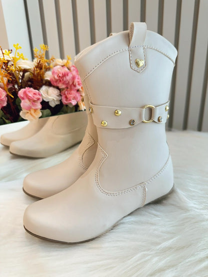 Botas Boiadeira Texanas para Niños en Color Blanco Roto con Tacón y Cremallera
