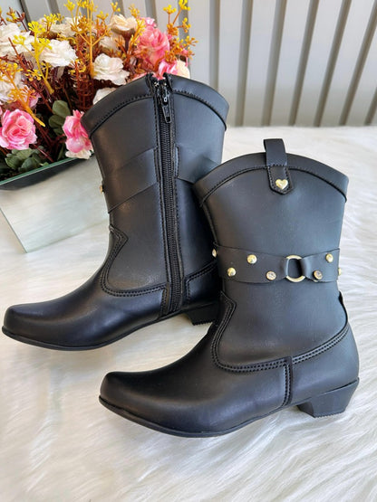 Botas vaqueras negras para niños con tacón y cremallera 