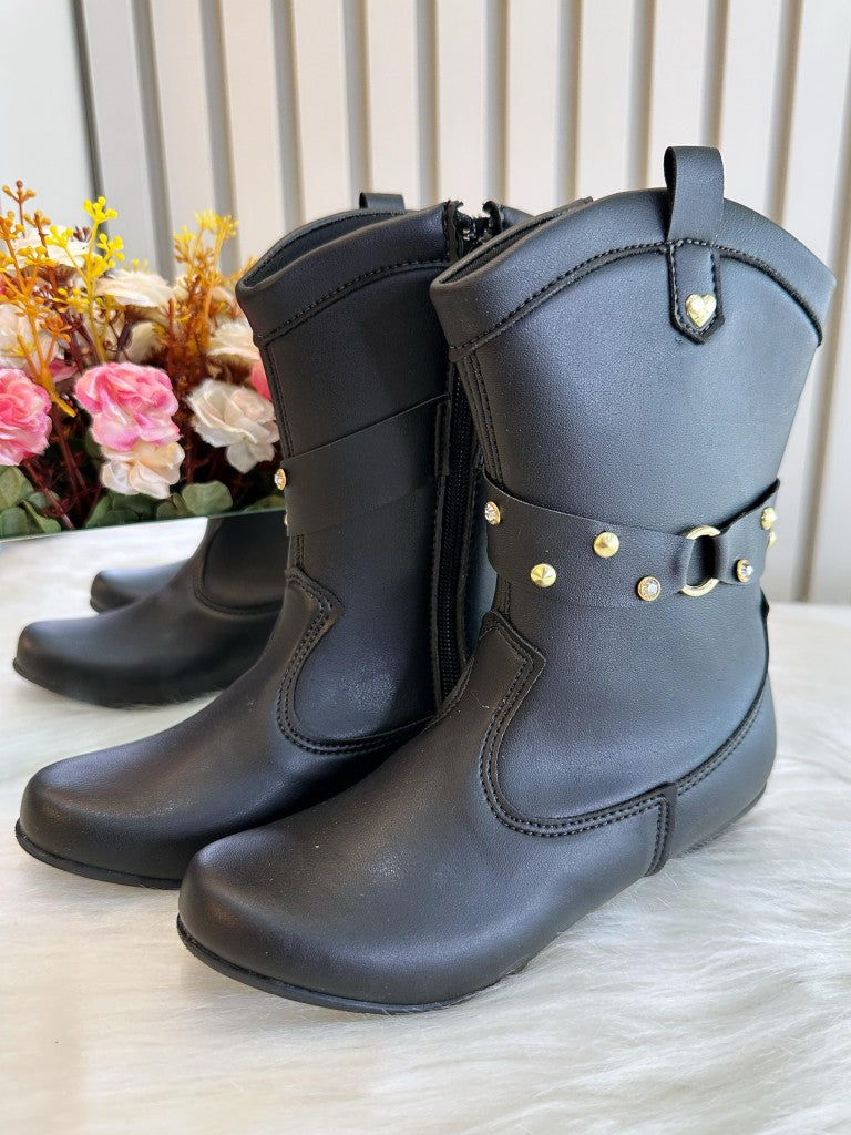 Botas vaqueras negras para niños con tacón y cremallera 