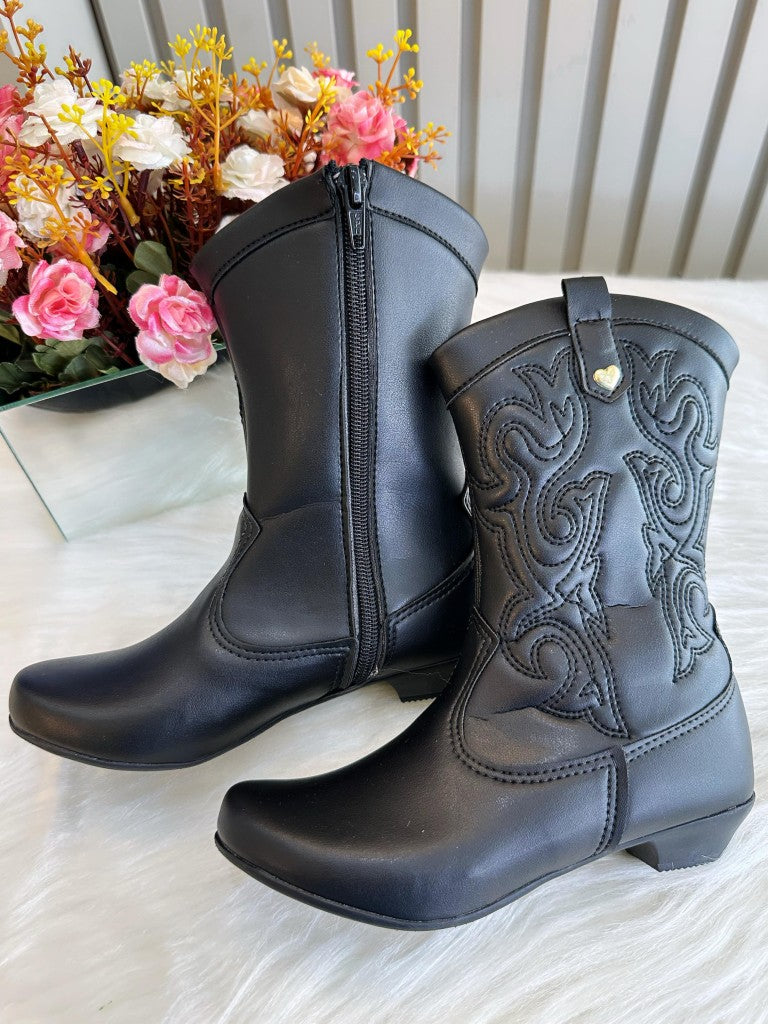 Botas vaqueras negras para niños con cremallera y tacón