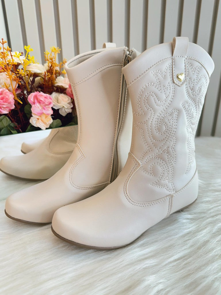 Botas Boiadeira Texanas para Niños en Color Blanco Roto con Cremallera y Tacón 