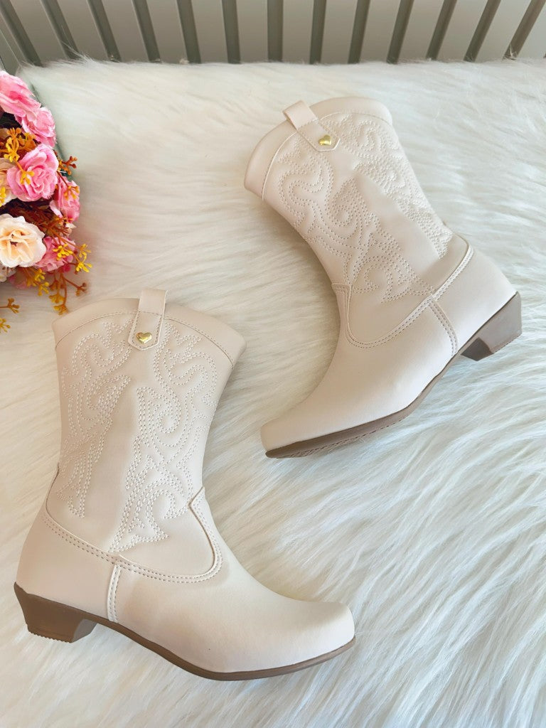 Botas Boiadeira Texanas para Niños en Color Blanco Roto con Cremallera y Tacón 