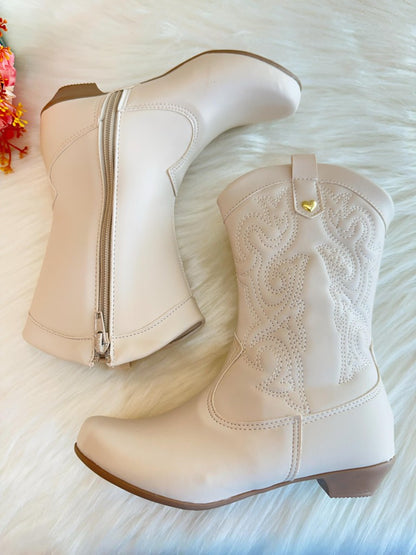 Botas Boiadeira Texanas para Niños en Color Blanco Roto con Cremallera y Tacón 