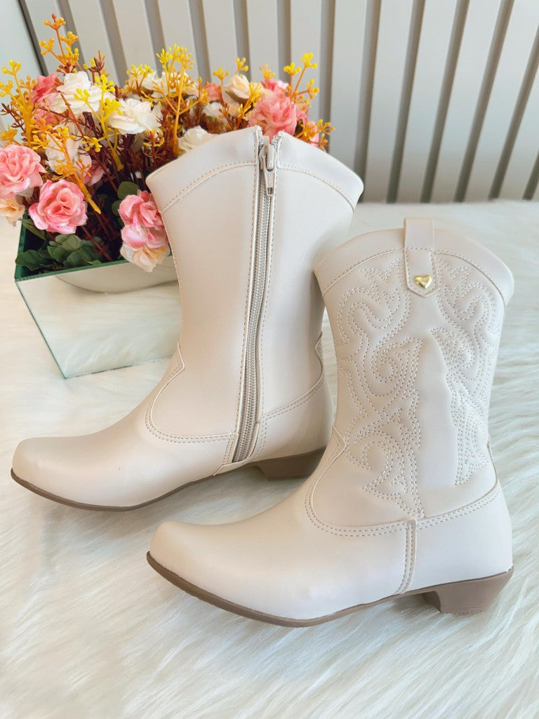 Botas Boiadeira Texanas para Niños en Color Blanco Roto con Cremallera y Tacón 
