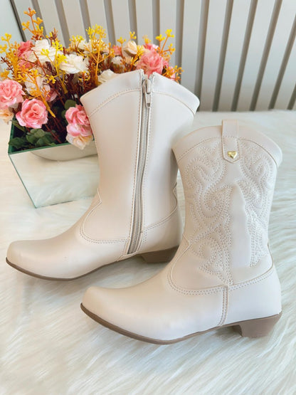 Botas Boiadeira Texanas para Niños en Color Blanco Roto con Cremallera y Tacón 