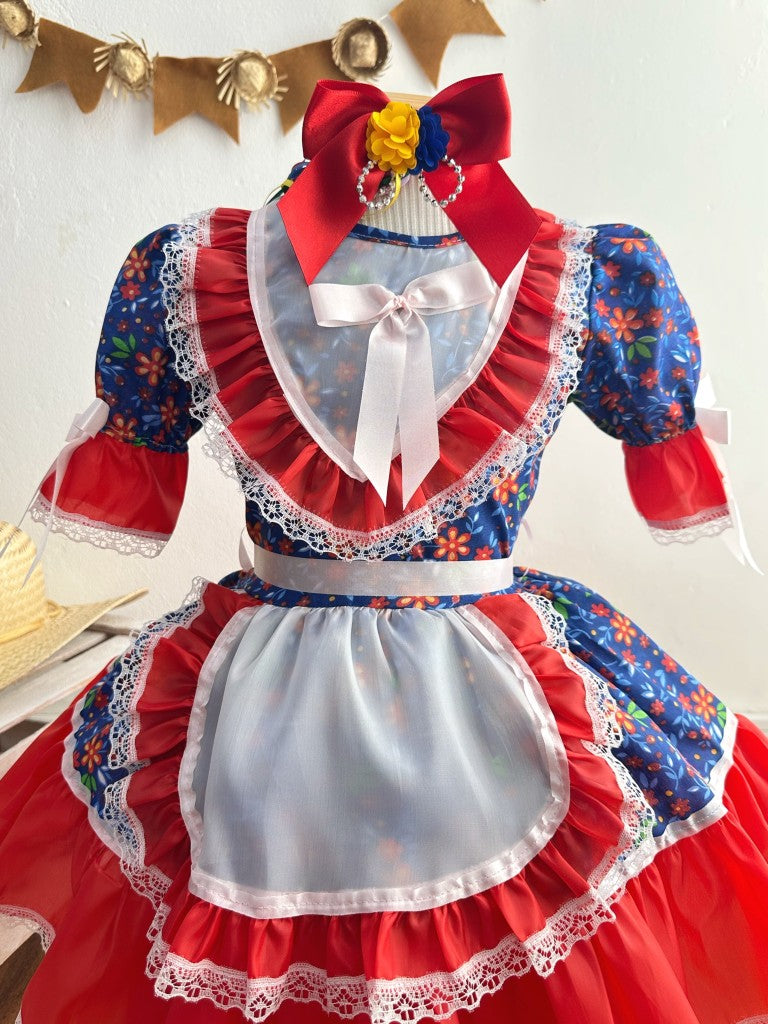 Vestido de fiesta infantil de junio con estampado de flores azules