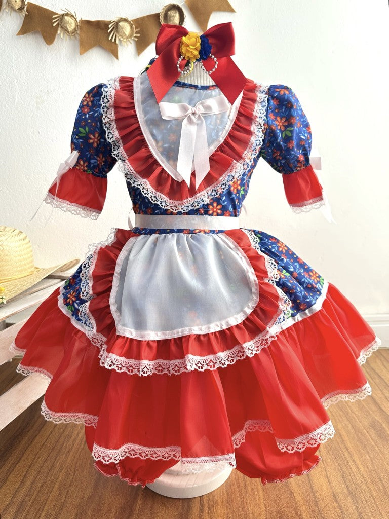 Vestido de fiesta infantil de junio con estampado de flores azules