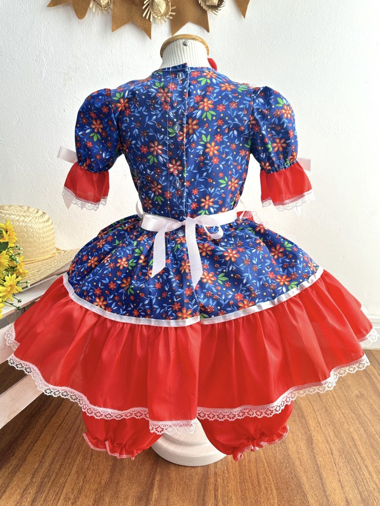 Vestido de fiesta infantil de junio con estampado de flores azules