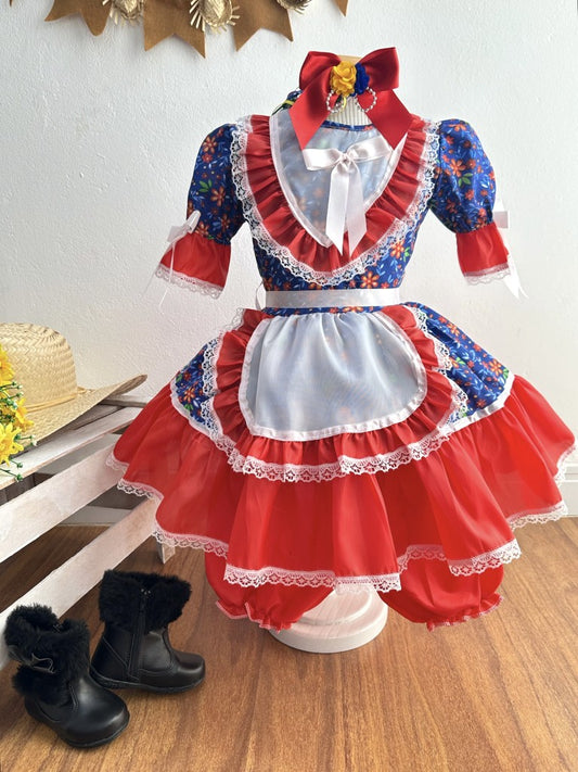 Vestido de fiesta infantil de junio con estampado de flores azules