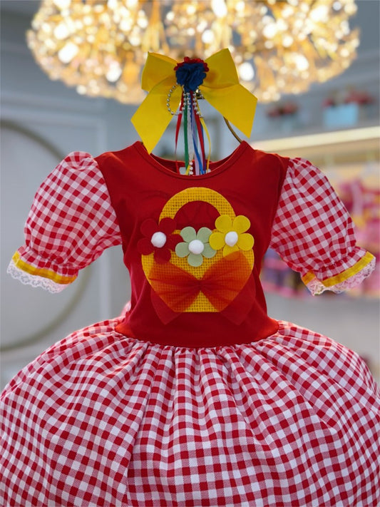Vestido de fiesta infantil de junio con cuadros rojos y coloridos
