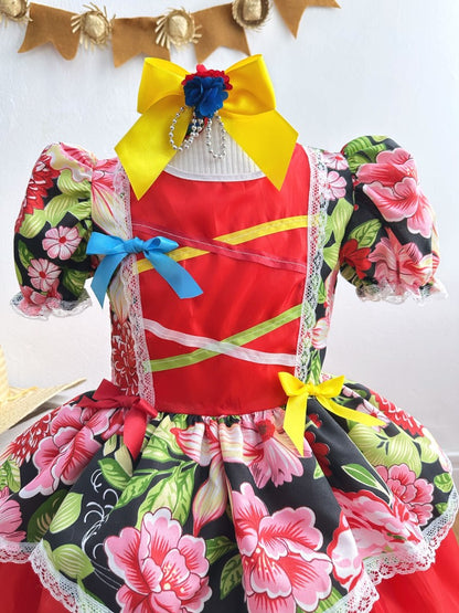 Vestido de fiesta infantil de junio con estampado floral rojo 