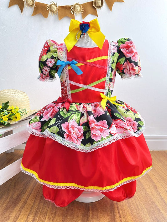Vestido de fiesta infantil de junio con estampado floral rojo 
