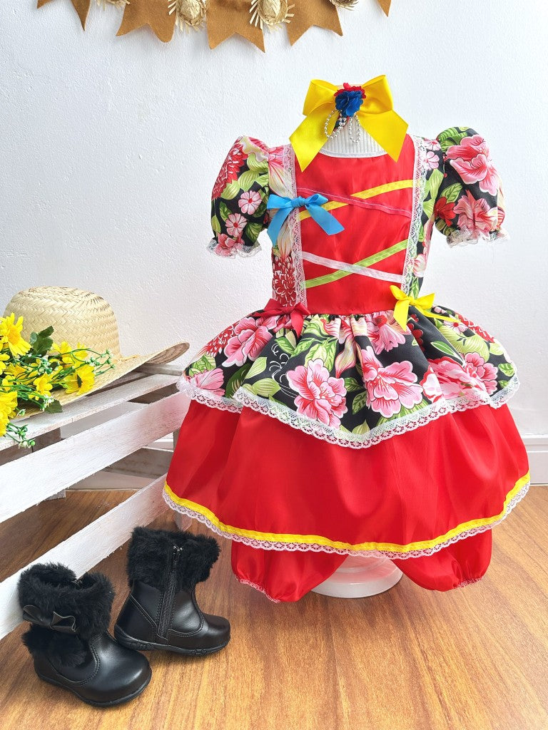 Vestido de fiesta infantil de junio con estampado floral rojo 