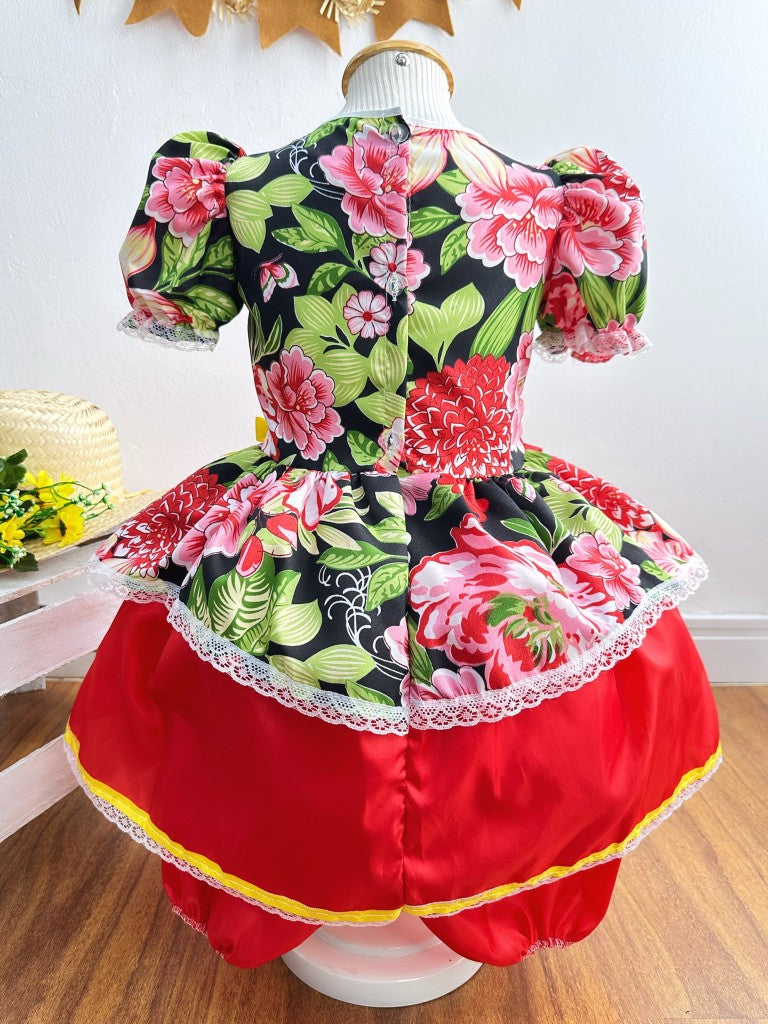 Vestido de fiesta infantil de junio con estampado floral rojo 
