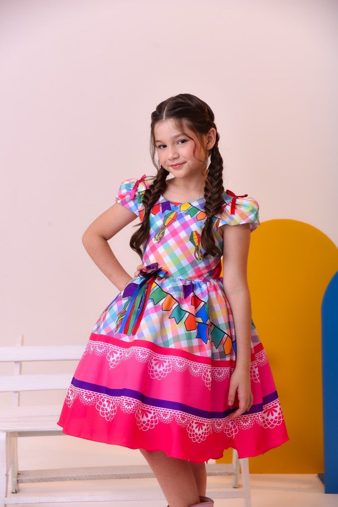 Vestido de fiesta infantil de junio, cuadros coloridos de lujo