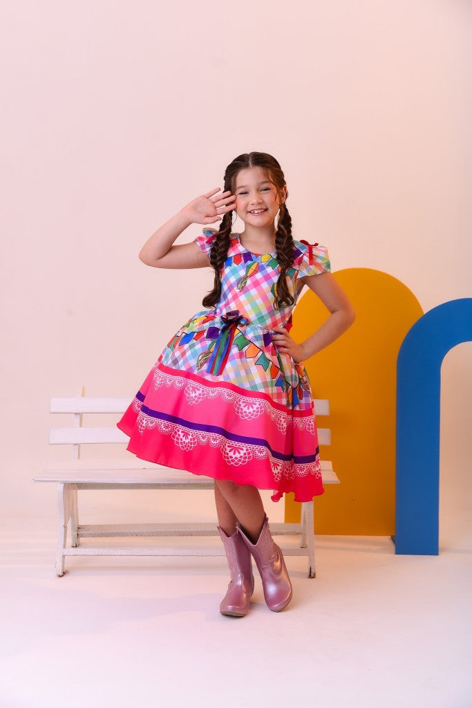 Vestido de fiesta infantil de junio, cuadros coloridos de lujo