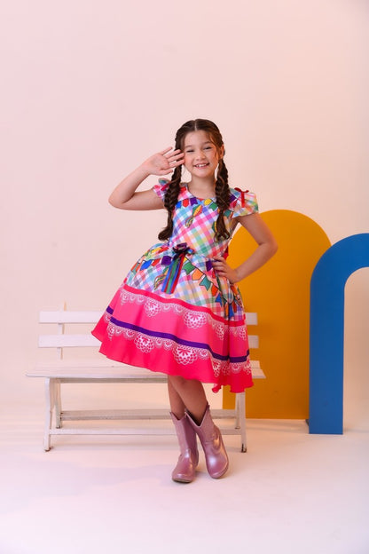 Vestido de fiesta infantil de junio, cuadros coloridos de lujo