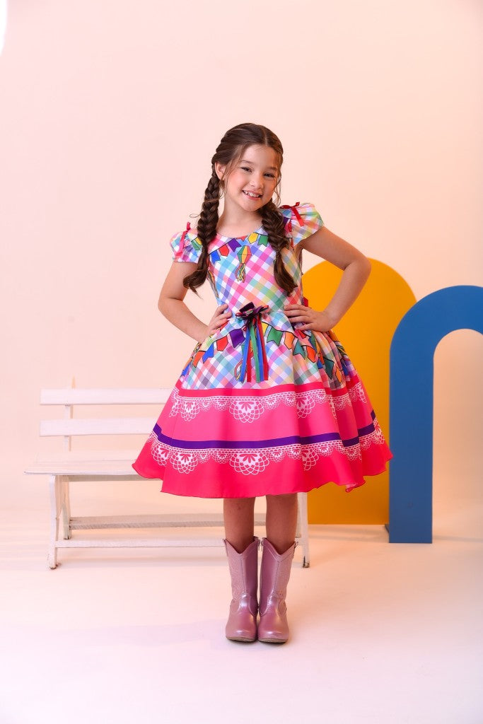 Vestido de fiesta infantil de junio, cuadros coloridos de lujo