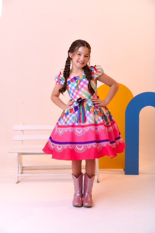 Vestido de fiesta infantil de junio, cuadros coloridos de lujo